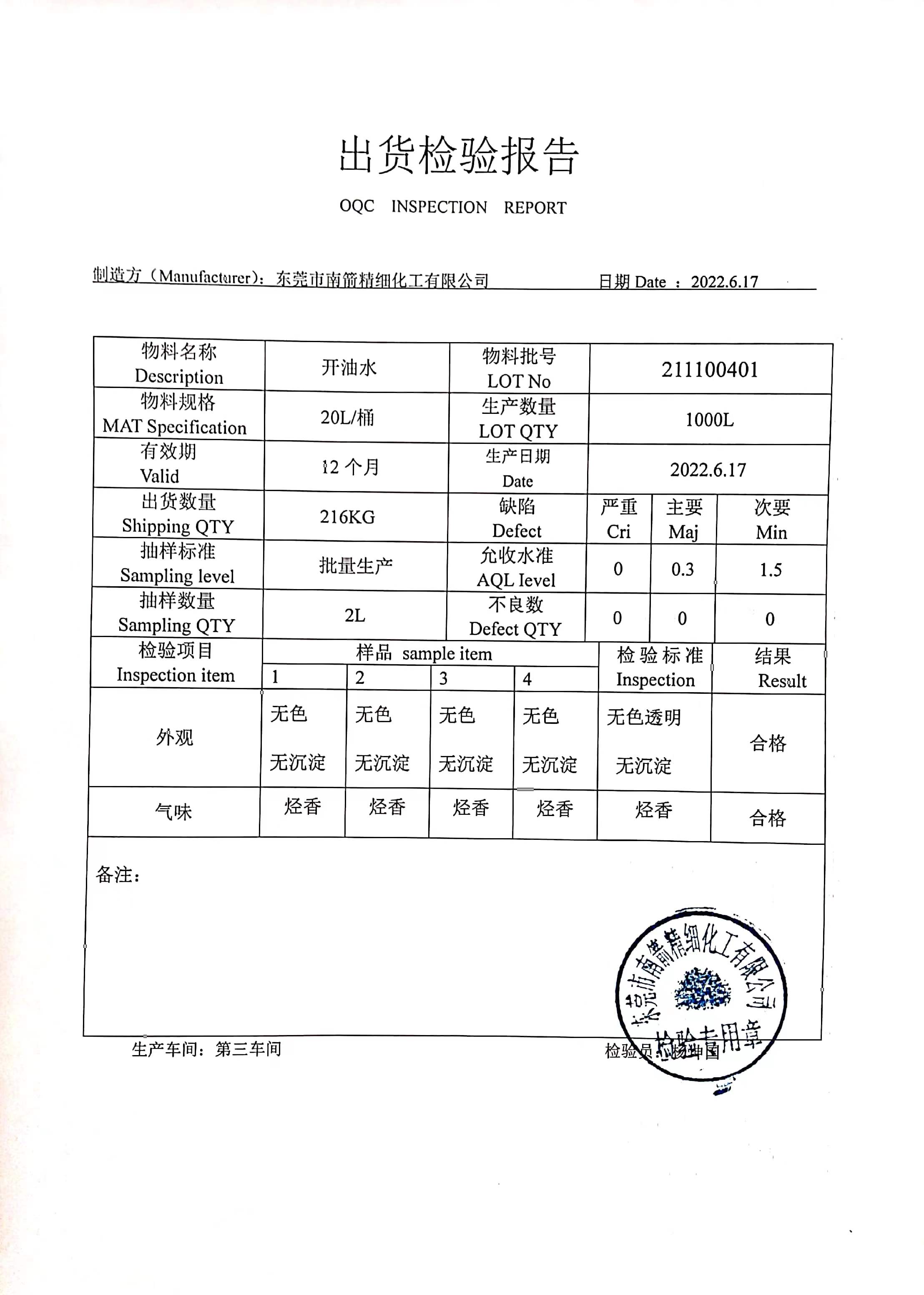 油墨开油水质量检测报告