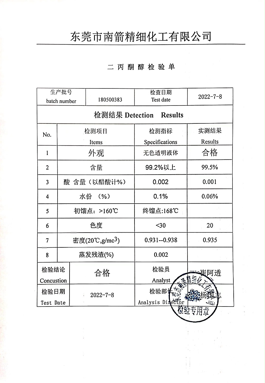 二丙酮醇DAA质量检测报告