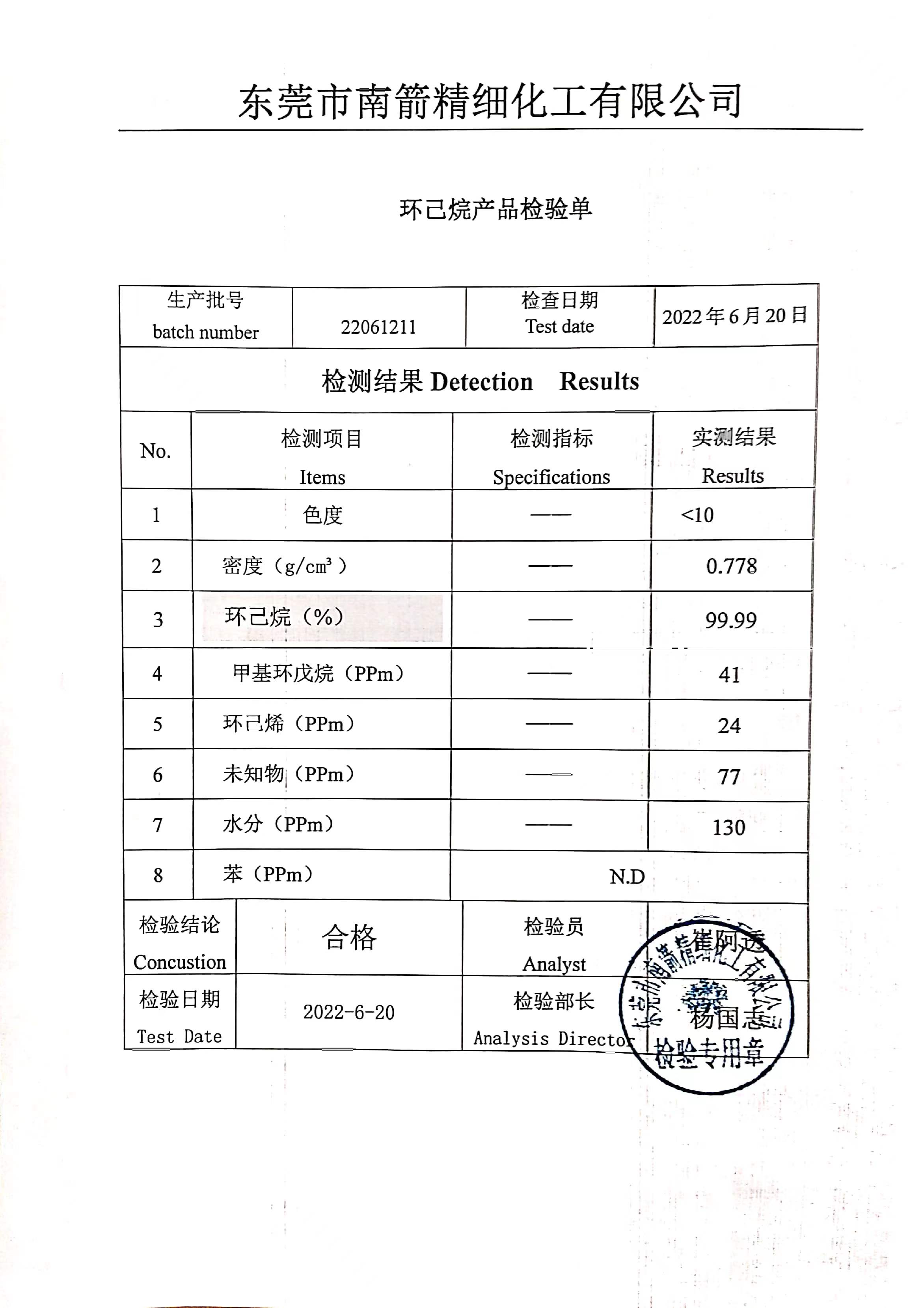 环己烷质量检测报告