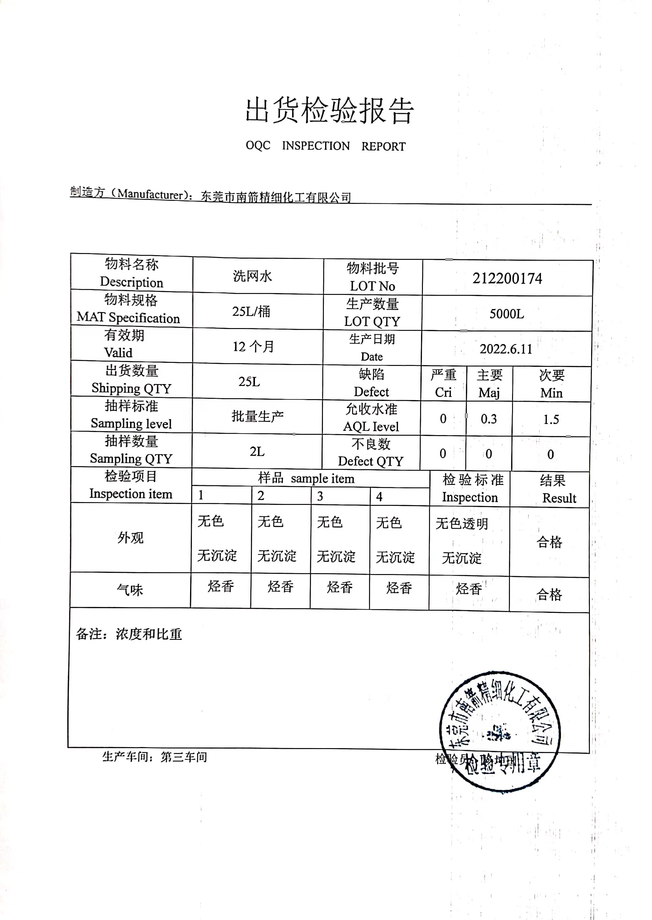 洗板水质量检测报告